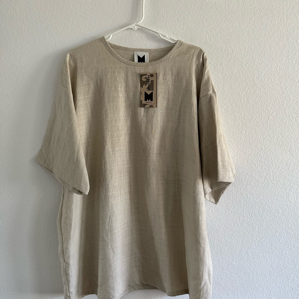 Armani 100% Linen shirt Blouse GroundWhite Shorts Sleeves Oversized  Top Size XL